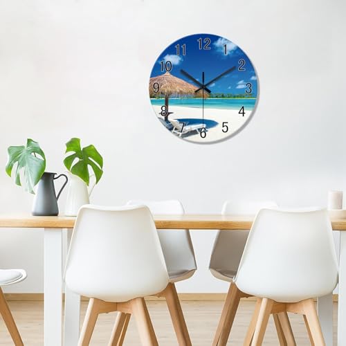 Image of XFM Blue Beach Wall Clock 12 Inch Silent | Non-Ticking Battery Operated Modern Glass Tropical Summer Coastal Decorative for Living Room Kitchen Bedroom Office