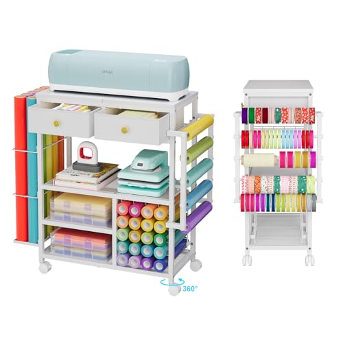 Image of Large Craft Wrapping Paper Organizers Cart, Rolling DIY Storage for Birthday with 2 Fabric Drawers, Lockable Wheels Cart for Vinyl Roll, Craft Supplies, Multi-Tier Craft Tape Holder