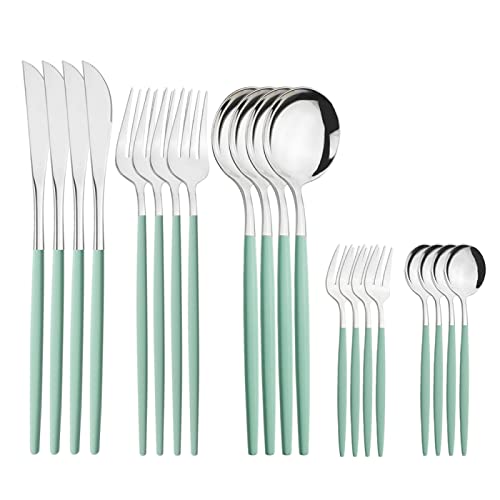 Juego De Vajilla De 20 Piezas De Acero Inoxidable, Cuchillos, Tenedor, Cucharas, Cubiertos,Plata Verde Menta