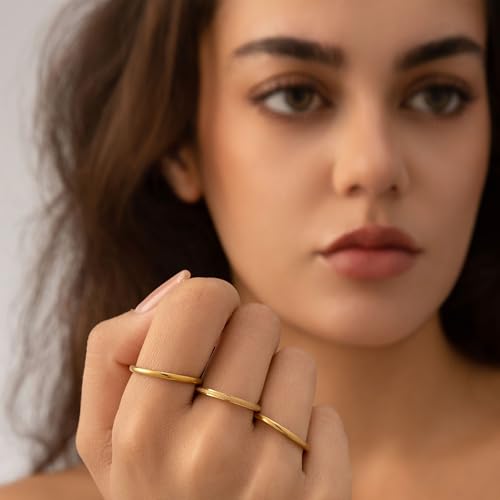 FPH 18K Gold Filled Stacking Rings for Women, Non-Tarnish Dainty 2mm Thin Ring Set, Wedding Engagement Stackable Jewelry Gift Size 6-103