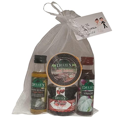 Detalle combinado con Aceite de Oliva, vinagre , mermelada de cereza y monodosis de paté ibérico para regalar (Pack 24 ud)