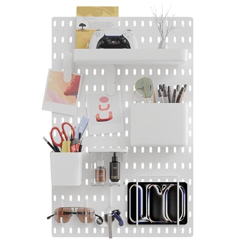 Image of Gifts Island Pegboard Wall Organiser Set with 1 Boards, 10 Accessories & Self-Adhesive Stickers, Customisable Storage System for Office, Kitchen, Pegboard Wall Hanging (10, White)