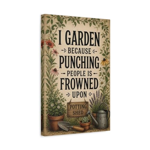 Toile jardinage humour pour habiller un mur vide de cuisine avec du canvas beige