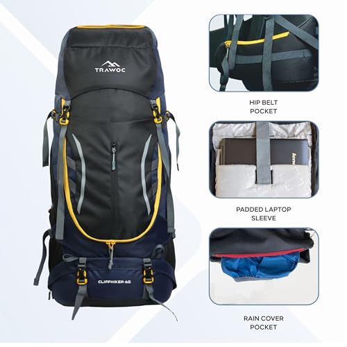 TRAWOC CLIFFHIKER 65 Liter Internal Frame Trekking Hiking Camping Backpack Travel Bag Front & Top Loading Rucksack ag for Men & Women Laptop/Rain Cover/Shoe Compartment, HK010