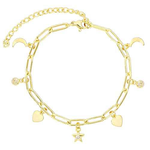Sm Stainless Steel Adjustable Link Chain Cubic Zirconia Moon & Star Charm Bracelets For Women (Star Cz - Gold, 6 Inches + 2 Inches) #TOP1