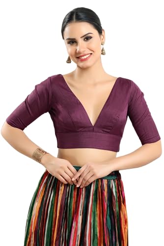 Image of Vamas Women's Silk Padded Self Design Half Sleeve Readymade Saree Blouse (X-1111.ELB)