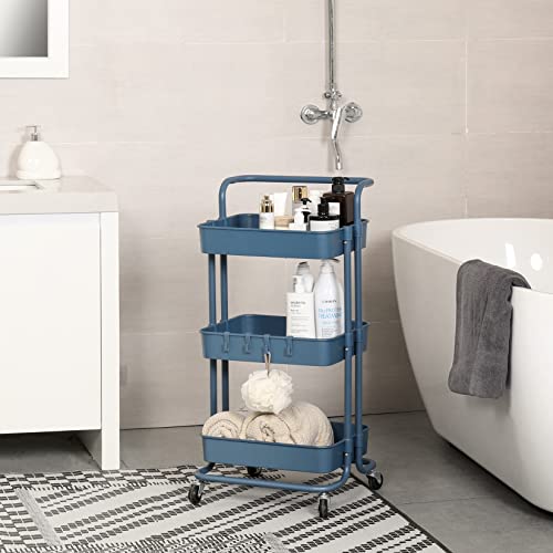 alvorog 3-Tier Rolling Utility Cart Storage Shelves Multifunction Storage Trolley Service Cart with Mesh Basket Handles and Wheels Easy Assembly for Bathroom, Kitchen, Office (Color Navy Blue)