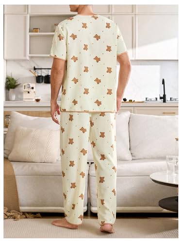 Men's 2 Piece Pajama Set Cartoon Bear Graphic Short Sleeve Button Down Shirt and Pants Pjs Sets Sleepwear Loungewear2