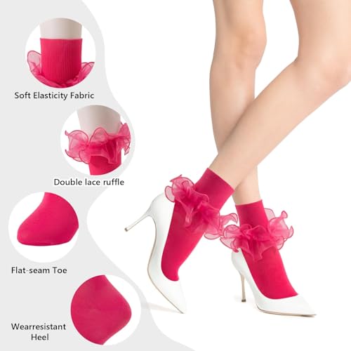 Image of Women Big Ruffle Ankle Socks Adult Double Lace Frilly Turn Cuff Dress Socks Cotton Cute Fancy Bobby Crew Socks