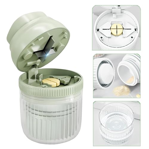 3-in-1 Pill Crusher Fine Powder - 1/4 1/2 Pill Cutter Splitter for Small and Tiny Grinder for Elderly with Storage and Measuring Cup (3.5oz) Green
