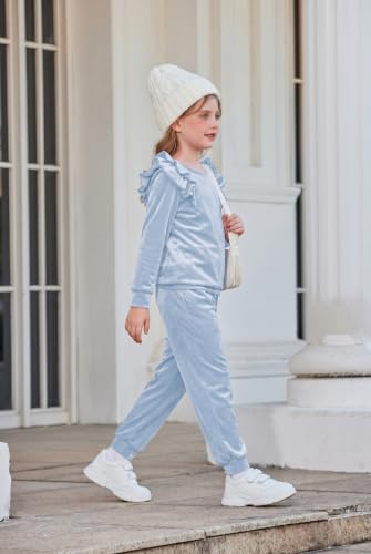 Image of Arshiner Girls 2 Piece Outfits Velour Tracksuit Ruffle Sweatshirt Sweatpant