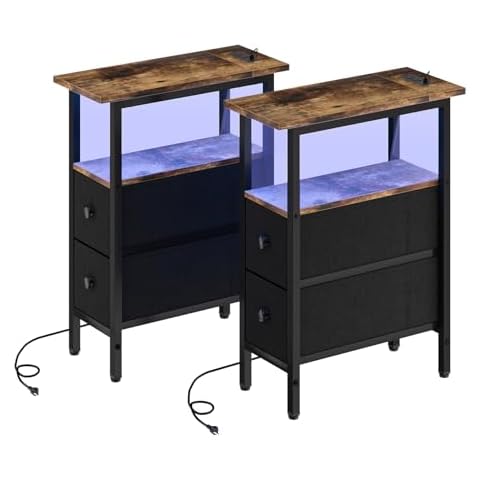 TIFFLOI End Table Set 2 with Charging Station, Narrow Side Table with 2 Fabric Drawers, Skinny Nightstand with LED Light, Slim Bedside Table for Bedroom, Living Room, Small Spaces, Brown and Black Cover