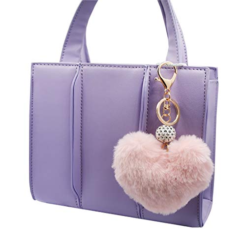 Women's Heart Faux Fur Pom Pom Key Chains Bag Accessory Puffball Keyring Backpack Charms For Girls(Light Pink) #TOP2
