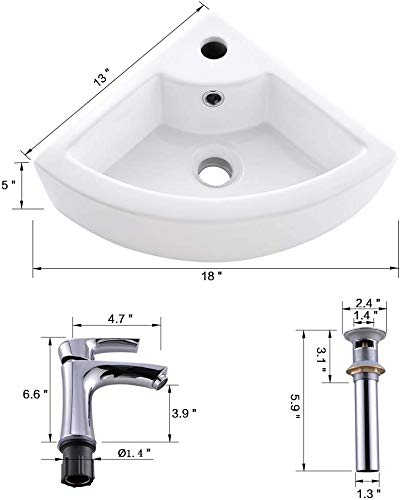 Bokaiya Small Wall Mount Corner Bathroom Sink and Faucet Combo with Overflow Triangle White Porcelain Ceramic Wall Mount Mini Vanity Space Bathroom sink, Brushed Nickel Faucet and Drain Combo - Thumbnail 2