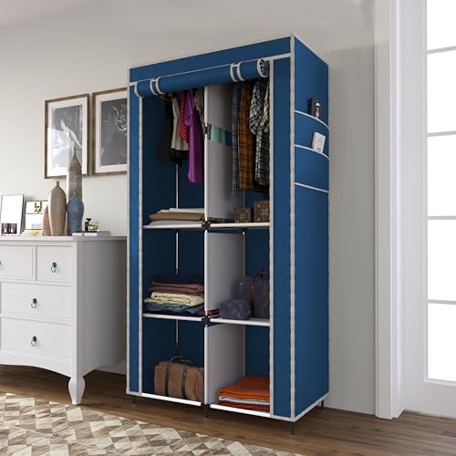 GTC® Collapsible Wardrobe Closet for Clothes Almira, 2 Hanging Space, 6 Shelves, 1 Side Pocket Non-Woven Fabric 7700-3 (Blue) GTC® Collapsible Wardrobe Closet for Clothes Almira, 2 Hanging Space, 6 Shelves, 1 Side Pocket Non-Woven Fabric 7700-3 (Blue)