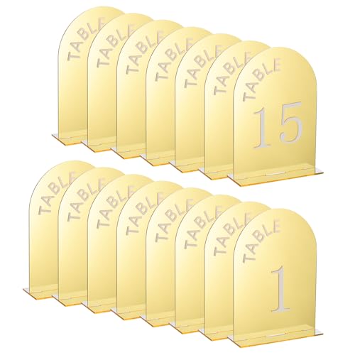 QUARKZMAN 15Pcs 4.8 x 7 Pouce Panneau Acrylique en Forme D'Arc Doré Avec Support, Supports de Numéros de Table en Arc Acrylique pour Décoration de Centre de...
