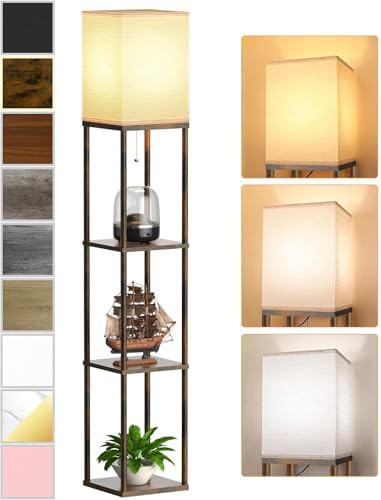 Floor Lamp with Shelves for Living Room Brown, Shelf Floor Lamp w...