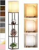 Floor Lamp with Shelves for Living Room Brown, Shelf Floor Lamp with 3 CCT LED Bulb, Corner Display Standing Column Lamp Etagere Organizer Tower Nightstand with White Linen Shade for Bedroom