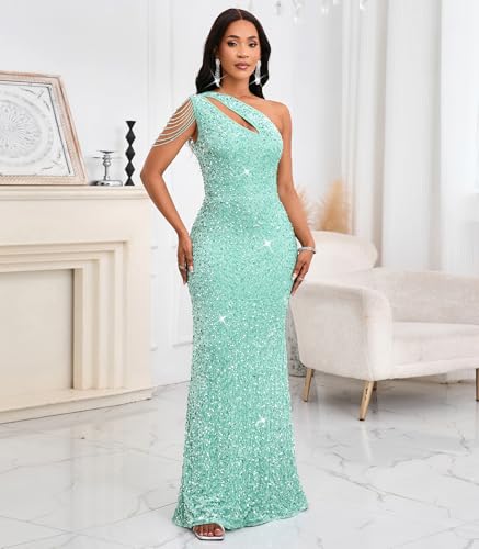 Image of Cololura Women Sequin Elegant Sexy One Shoulder Tassel Mermaid Bodycon Cocktail Evening Dress