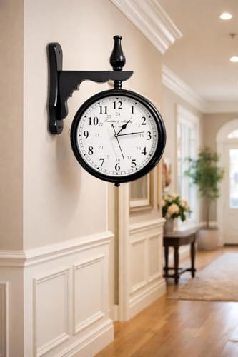 Image of Vintage Double-Sided Wall Clock, Antique Victorian Hanging Clock with Bracket, Silent Quartz Movement, Roman Numerals, Rustic Farmhouse Decor for Home & Office (Black)