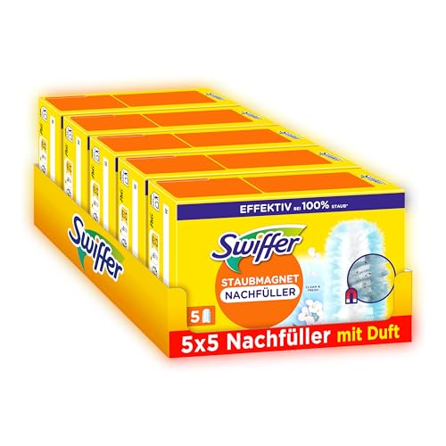 Swiffer Staubmagnet Nachfüllpackung, 25 Tücher (5×5) mit Febreze-Duft, Fängt Und Schließt 3-mal Mehr Staub Und Haare Ein Als Herkömmliche Staubwedel
