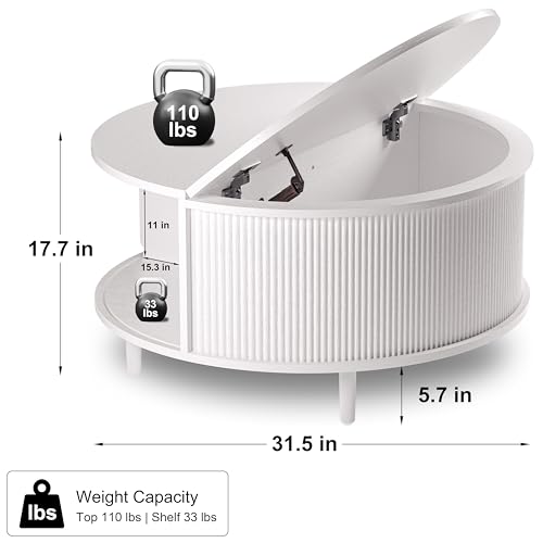 Image of Round Coffee Table, 31.5 inch Fluted Center Table with Storage, Lift-Top Coffee Table with Adjustable Footpads, Sliding Door, Mid-Century Modern Center Table for Living Room, Small Space (Pure White)