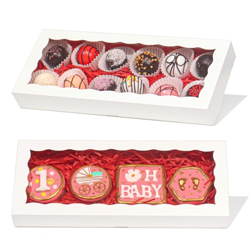 ROSPAKTEK 24pcs 12x5x1.5Inches White Bakery Boxes with Window Cookies Boxes Chocolate Truffle Boxes Cakesickle Boxes Macaron Boxes Browines Treat Boxes for Christmas Valentine's Easter Mother's Day