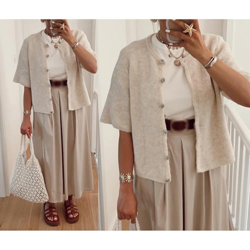 Image of Women Y2k Knitted Crop Cardigan Shirt Short Sleeve Button Down Ribbed Knit Crop Top Outwear Top Tee Shirt