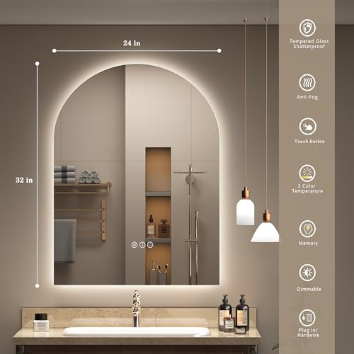 Image of 24x32 Inch Arched Backlit LED Bathroom Mirror | Dimmable Lighted Bathroom Vanity Mirror, Anti-Fog, 3 Colors, Memory, Shatter-Proof, ETL Listed