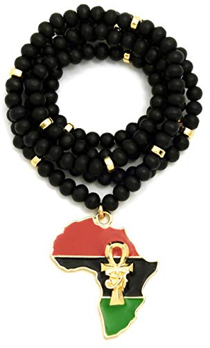 GWOOD Africa with Eye on Ankh Metal African Pendant Necklace on 32 Inch Black Wood Bead Chain