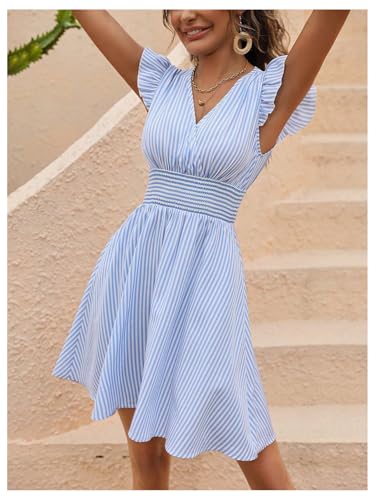 SOLY HUX Women's Summer Party Striped Dress Ruffle V Neck A Line Flowy Beach Mini Dresses2