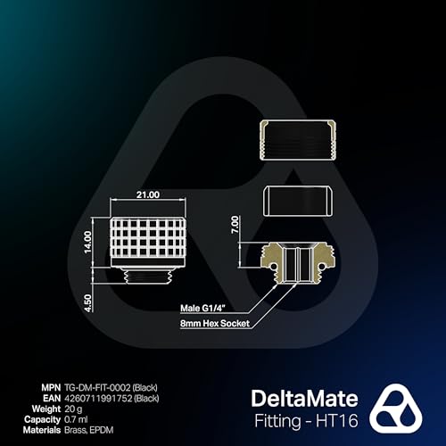 Image of Thermal Grizzly - DeltaMate - HT16 - Hard Tube Fitting - Black - CNC-machined Brass - G1 /4 inch Thread, OD 16mm - for Rigid Plastic /Metal tubing in Water-Cooling Systems
