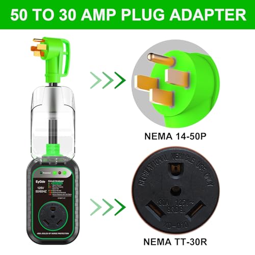 Image of EyGde 50 Amp to 30 Amp RV Adapter with Surge Protector - Upgraded NEMA 14-50P Male to TT-30R Female Plug, 50A to 30A RV Circuit Analyzer Power Protection with Waterproof Cover for 30Amp Camper Trailer
