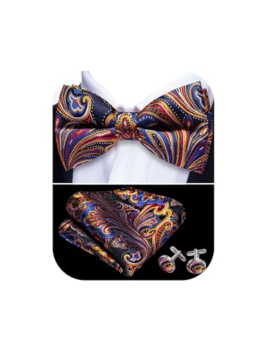 Barry.Wang Mens Bow Tie Paisley Silk Pre-Tied Bowtie Pocket Square Cufflinks Set Formal Wedding Prom Party Tuxedo