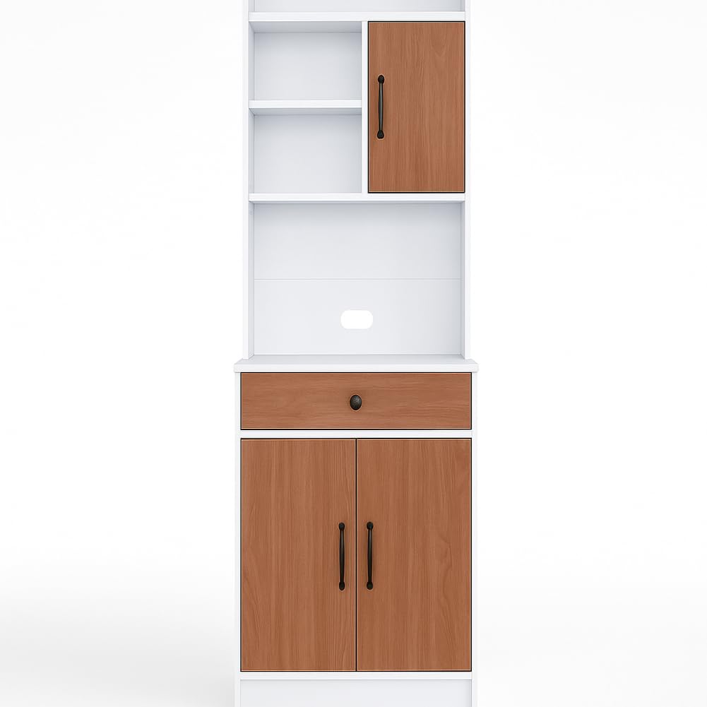 BAKAJI Armadio da Cucina Alto Multiuso, Credenza Mobile da Soggiorno, Sala da Pranzo, Salvaspazio, Sistema di Sicurezza, Mobiletto Dispensa con 2 Ante e 1 Cassetto, 55 x 40 x 180 cm (Bianco e Quercia)