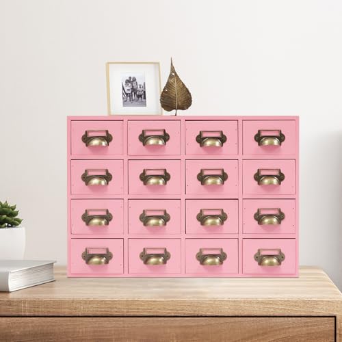 Tagtuell Organizador de cajones de escritorio, de madera, con 16 cajones, organizador de dormitorio y almacenamiento con asas de metal para oficina en casa, cómoda, color rosa