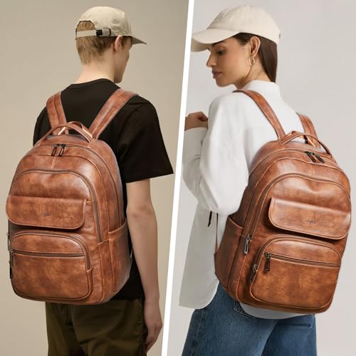 37L Backpack Purse for Women Men for Work Travel BackPack Vegan Leather Laptop College Daypack Shoulder Bag Brown2