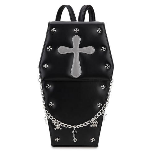 fancybag Gothic doodskistvormige punk damesrugzak met kruisketting, helhel-doodskist, schoudertas voor dames, goth-accessoires, griezelige handtassen (zwart), Zwart, middle, Punk Gothic