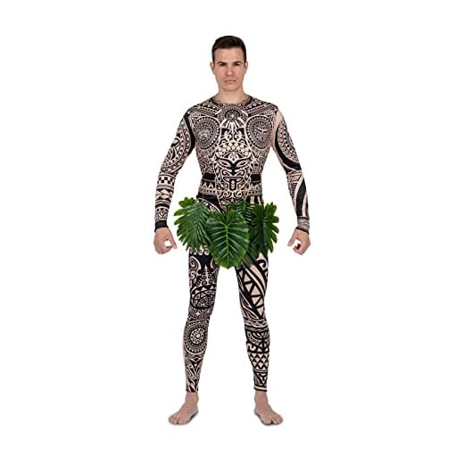 My Other Me - Disfraz de Guerrero de la Isla Maui. Talla L. Traje con Tatuajes, Collar de Dientes y Taparrabos de Hojas para una Aventura Épica