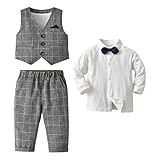 [SLINX] ベビー 男の子 フォーマル 子供 4点セット スーツ 紳士服 長袖シャツ イギリス風 洋装フォーマル キッズ やわらかい 綿 チエック柄 お誕生日 卒園式 初節句 お出かけ BXZ01 (グレー, 120)