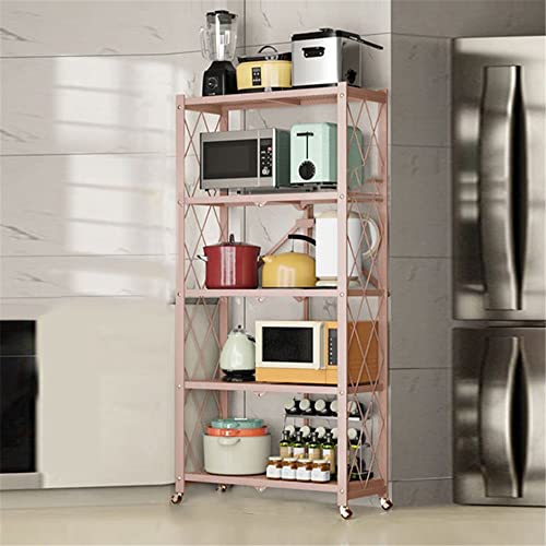 Niuyao 5 Tier Foldable Shelving Unit With Wheels, Freestanding Metal Storage Shelf Heavy Duty Standing Shelves Units For Home Kitchen Bakers Closet Pantry -Pink 28" L X 14.2" W X 63.4" H #TOP10