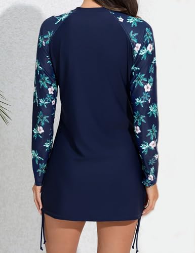 Halcurt Women Long Sleeve Rash Guard With Pocket Swim Shirt Half Zip Ruched Drawstring Adjustable Upf50 Quick Dry Swimsuit Top Navy Green Leaf M thumb #4