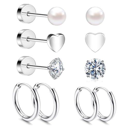 Thoquene Boucles d'Oreilles en Acier Inoxydable, 5 Paires, Tige Médicale Hypoallergénique, Argent
