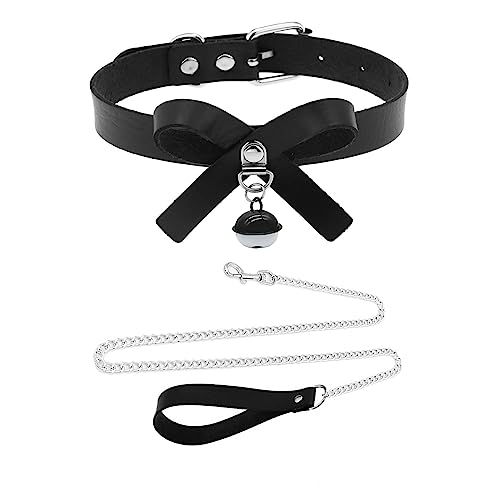Tosmifairy Black&White Bell Choker Collar and Leash Chain Set for Pet Dog Cute Cosplay Accessories,Butterfly Bow Leather Necklace with Buckle
