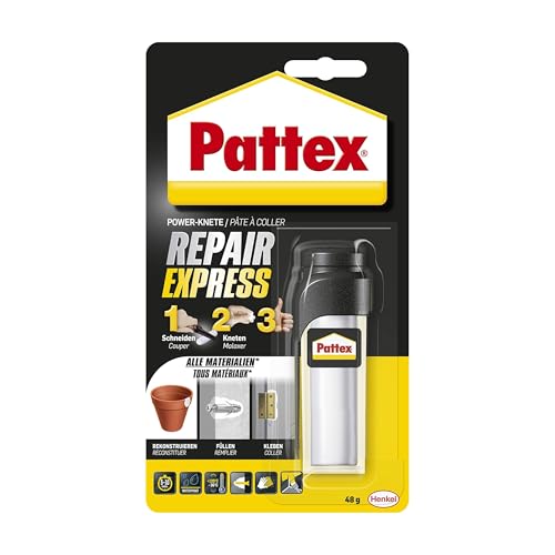 Pattex Powerknete Repair Express, Modelliermasse zum Kleben & Reparieren, Epoxidharz Kleber für viele Materialien, lackier- und schleifbare Knete, 1 x 48 g