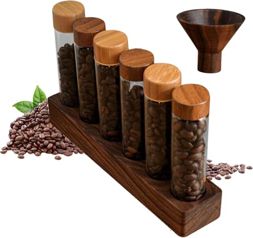 Aoasious 木製試験管スタンド・ラック コーヒー豆・茶葉用ホルダー ディスプレイ兼収納 鮮度維持・密閉保存 カフェ・キッチン・店舗向け 省スペース おしゃれインテリア (ウォールナット製6穴ベース+22g試験管6本+無垢材漏斗)