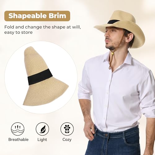 Image of Straw Cowboy Hat for Men Women Western Cowgirl Hats with Shapeable Wide Brim for Beach Sun Summer