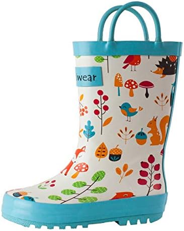 OAKI Kids Rubber Rain Boots with Easy-On Handles, Forest Animals, 12T