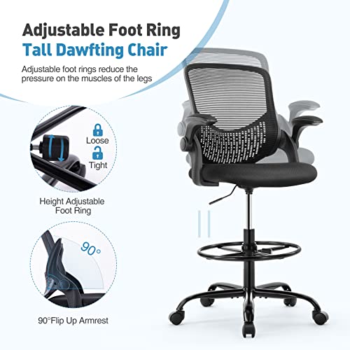 Drafting Chair With Flip-Up Armrests And Foot-Ring, Tall Office Chair For Standing Desk Adjustable Height Office Desk Chair For Home Office, Breathable Mesh Swivel Rolling Tall Chair Black #TOP2