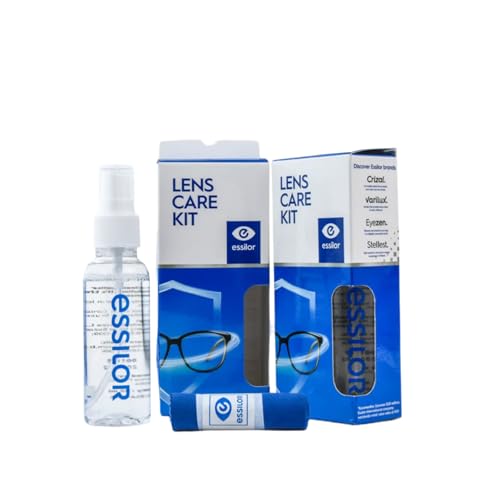 Essilor Lens Care Kit for Eyeglasses: Complete Kit with Microfibre Cloth, Cleaning Solution, and Carrying Case - White, Light-colored